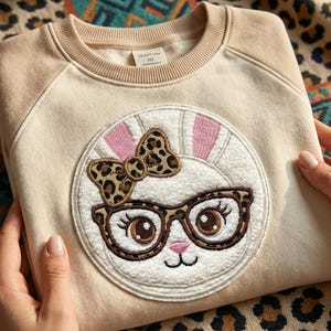 Könnte beinhalten: Beiges Sweatshirt mit einem runden Aufnäher mit einem Hasen mit Brille und einer Schleife im Leopardenmuster. Die Brille und die Schleife des Hasen haben ein Leopardenmuster. Das Sweatshirt hat einen Rundhalsausschnitt und lange Ärmel.