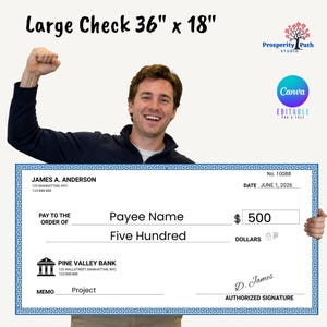 Editable Large Check Template 36" x 18" | Giant Presentation Check Canva Template | Fully Customizable Award, Fundraiser & Event Check