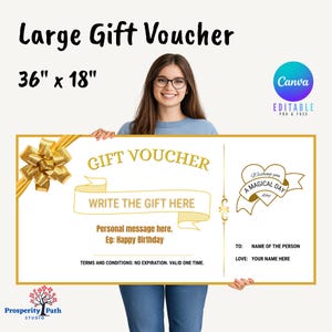 May include: A large rectangular gift voucher measuring 36 inches by 18 inches with gold text and borders. It features a gold ribbon bow, a heart graphic with the text Wishing you A MAGICAL DAY, and fields for a gift description, message, and names.