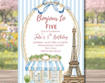 May include: A light blue and white striped birthday invitation with the text "Bonjour to FIVE". The invitation features a watercolor illustration of the Eiffel Tower and a Parisian cafe.