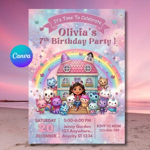 May include: A colorful birthday party invitation featuring a house-shaped design with a rainbow and cartoon cats. The invitation reads "Olivia's 7th Birthday Party!" with event details. The Canva logo is in the corner.
