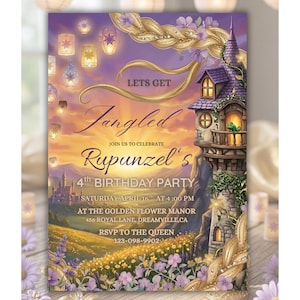 May include: A purple and gold invitation for a 4th birthday party with the text "Lets Get Tangled" and "Rapunzel's". The invitation features a castle, floating lanterns, and a field of flowers. The party details are included.