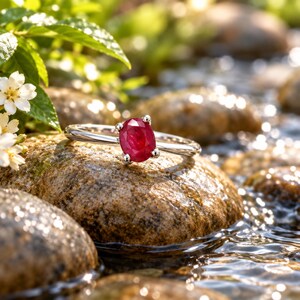Two people sharing a meaningful gifting moment as an open velvet jewelry box containing the oval ruby ring is presented from one pair of hands to another. Warm candlelight, roses and soft golden bokeh create an intimate celebratory setting while the 0.97 CT ruby remains clearly visible. This lifestyle image presents the ruby ring as a romantic anniversary gift, birthday gift for her, engagement ring, promise ring or memorable jewelry gift for a wife or girlfriend.
