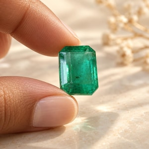 Peut inclure: Une émeraude en vrac avec une taille émeraude rectangulaire, présentant une couleur vert profond et vibrante avec des inclusions naturelles visibles à l'intérieur de la pierre, tenue pour montrer sa clarté et sa structure facettée.