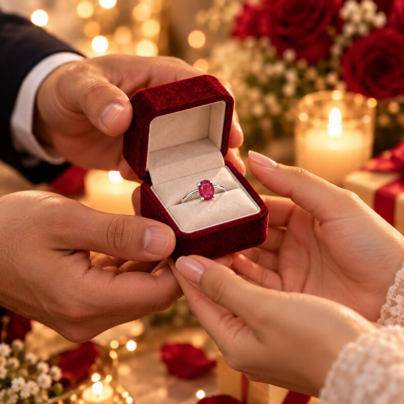 Close-up romantic lifestyle view of two gently intertwined hands with the woman wearing the oval ruby solitaire ring. Warm candlelight, roses and soft background bokeh create an intimate engagement atmosphere while shallow depth of field keeps attention on the red gemstone. The image demonstrates the 0.97 CT ruby ring on the hand and presents it as a meaningful ruby engagement ring, promise ring, anniversary gift for her or romantic gemstone ring.