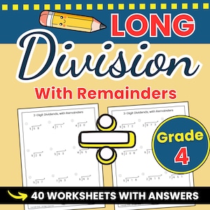 May include: Educational worksheet set for Grade 4, featuring long division problems with remainders. The image includes the title "Long Division" in large letters, a cartoon pencil, and the text "40 Worksheets with Answers."
