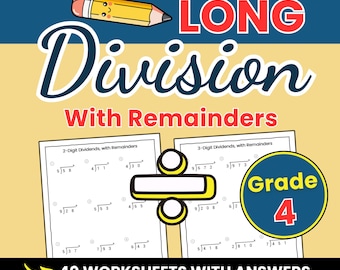 Hojas de trabajo de división larga con residuos – 4.º grado / Dividendos de 2 y 3 dígitos / Práctica de matemáticas imprimible en PDF
