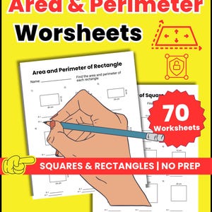 Op de afbeelding: Een gele achtergrond met de tekst "Area & Perimeter Worksheets" in rood en zwart. De afbeelding toont werkbladen met geometrische vormen en een hand die een potlood vasthoudt, met de tekst "SQUARES & RECTANGLES | NO PREP". Er zijn 70 werkbladen.