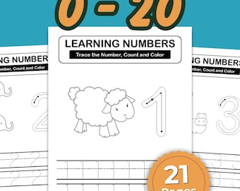 Trazado de números del 0 al 20 - Hojas de trabajo para trazar, contar y colorear del 0 al 20 / Matemáticas para jardín de infantes: PDF imprimible para niños de 4 a 6 años