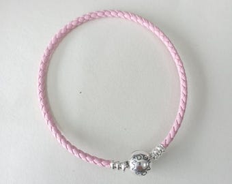 Pandora pink silver sterling leather charm bracelet 16-21 cm + pouch
