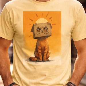 Ginger Cat T-Shirt | Box-Head Illustration, Whimsical Sun Art