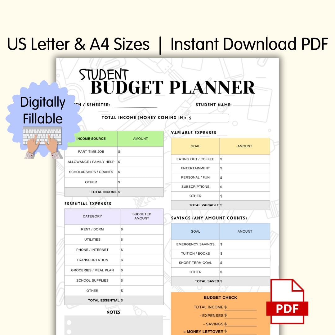 Student Budget Planner Printable, College Budget Worksheet, Editable ...
