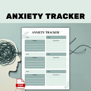 Könnte beinhalten: PDF "Angst-Tracker" mit hellgrünem und weißem Design. Das Dokument enthält Abschnitte für Datum, Uhrzeit, Grund und Symptome. Der Titel "ANXIETY TRACKER" wird oben angezeigt. Silhouette eines Kopfes mit verschlungenen Linien.