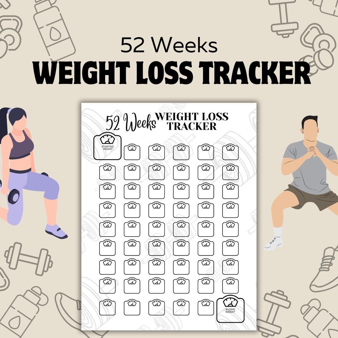 52 Week Weight Loss Tracker, Weekly Fitness Progress Tracker Printable ...