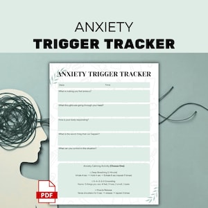 Może przedstawiać: Plik PDF do wydruku zatytułowany "Anxiety Trigger Tracker" z monitami identyfikującymi uczucia lękowe, myśli i reakcje ciała. Projekt zawiera sylwetkę głowy ze splątanymi liniami i sekcję uspokajającą.