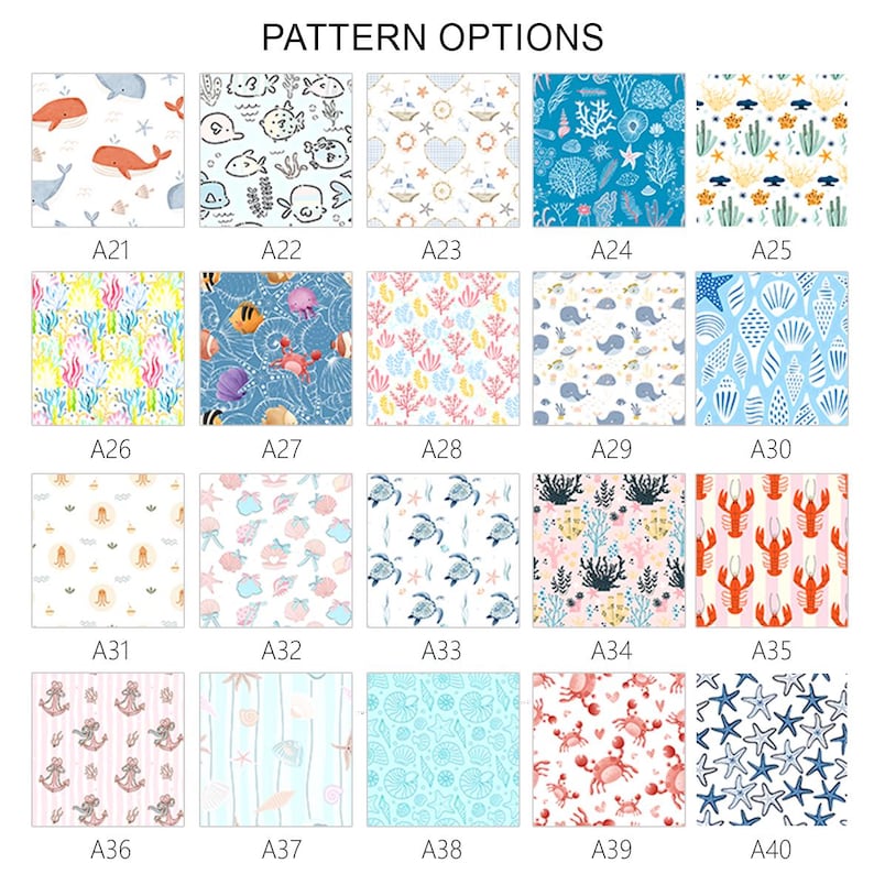 May include: A selection of fabric pattern options featuring various marine life and nautical themes. Designs include whales, fish, coral, starfish, and lobsters in a variety of colors. The text "PATTERN OPTIONS" is at the top.