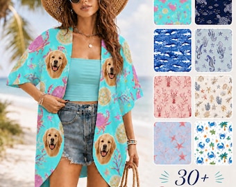Cubrebaños de playa con rostro personalizado, cárdigan con foto personalizada, pareo de mujer, atuendo para fiesta en la piscina, regalo para amantes de las mascotas