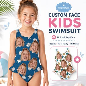 Könnte beinhalten: Blauer Kinder-Badeanzug mit Muschel- und Seesternmuster, mit individuellem Gesichtsdesign. Der Text auf dem Bild lautet "Personalisiertes Kinder-Badeanzug mit individuellem Gesicht". Ideal für Strand, Poolparty oder Geburtstag.