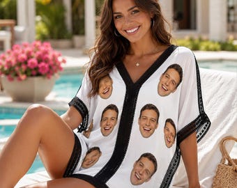 Custom Face Beach Cover Up, Personalized Photo Swim Coverup Dress, Funny Vacation Kaftan, Bachelorette Pool Party Outfit, Brithday Gift