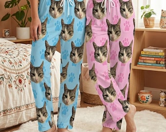 カスタムペットフェイスパジャマパンツ、パーソナライズされた犬猫ポートレートPJパンツ、顔写真入り寝間着、面白いラウンジウェア、ペット好きへのギフト
