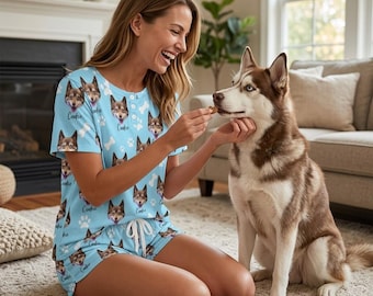 Conjunto de pijama personalizado con la cara de tu mascota, pijama personalizado con el nombre de tu perro o gato, conjunto de pijama con foto de tu mascota, conjunto de ropa de dormir de verano, regalo para amantes de las mascotas, regalo de cumpleaños