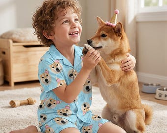 Custom Face Kids Pajama Set, Personalized Photo Sleepwear, Funny Short Sleeve PJs, Youth Matching Pajamas, Birthday Gift for Boys & Girls