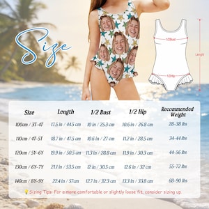 May include: A white swimsuit with a pattern of smiling faces and turquoise and yellow starfish. The swimsuit has a ruffled hem and is shown with size and measurement details, including lengths from 17.5 to 22.4 inches.
