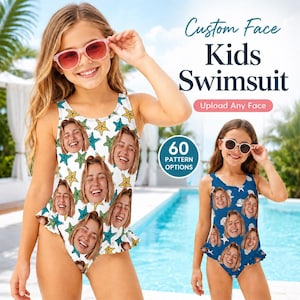 May include: Two girls wearing custom face kids swimsuits. One swimsuit is white with a pattern of smiling faces and starfish. The other swimsuit is blue with a similar pattern. The text reads "Custom Face Kids Swimsuit" and "Upload Any Face."