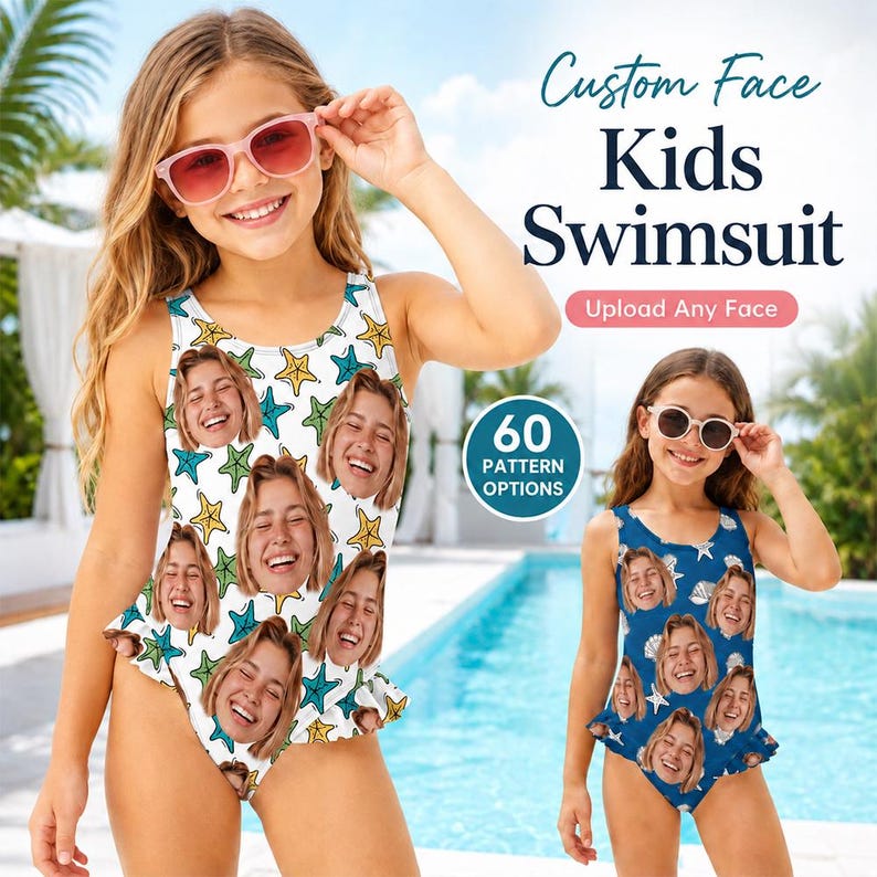 May include: Two girls wearing custom face kids swimsuits. One swimsuit is white with a pattern of smiling faces and starfish. The other swimsuit is blue with a similar pattern. The text reads "Custom Face Kids Swimsuit" and "Upload Any Face."
