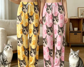 Custom Cat Face Pajamas, Personalized Pet Photo Pajama Pants, Funny Face Sleepwear, Cat Lover Gift, Lounge Wear, Birthday Gift for Her