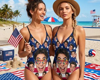 Traje de baño de una pieza con rostro personalizado, traje de baño con foto personalizada, traje de baño con la bandera de EE. UU., Día de la Independencia, regalo para fiestas patrióticas