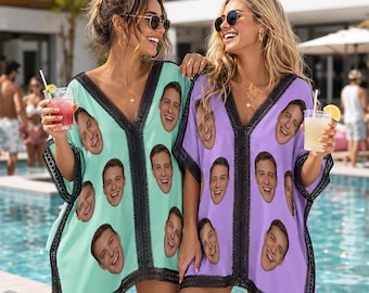 Pareo de playa personalizado con cara, pareo con foto personalizada, divertido pareo de playa, fiesta en la piscina de despedida de soltera, regalo de vacaciones para ella.