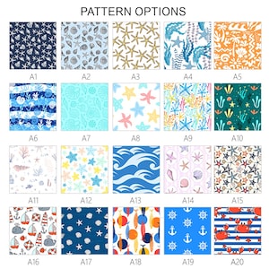 May include: A grid of 20 fabric pattern options with a nautical theme. Patterns include starfish, seashells, waves, anchors, and marine life in various colors like blue, white, orange, and yellow. The text "PATTERN OPTIONS" is at the top.