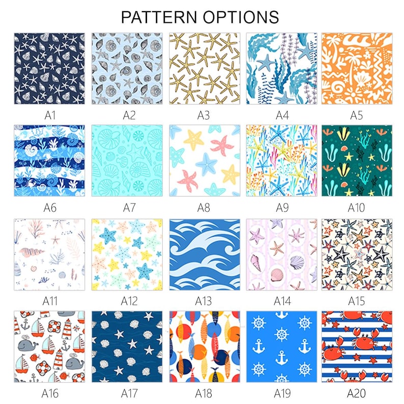 May include: A grid of 20 fabric pattern options with a nautical theme. Patterns include starfish, seashells, waves, anchors, and marine life in various colors like blue, white, orange, and yellow. The text "PATTERN OPTIONS" is at the top.