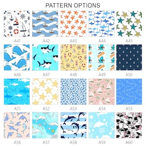 May include: A collection of fabric pattern options featuring nautical and marine themes. Designs include sailboats, anchors, whales, sharks, starfish, and dolphins in various color schemes. The text "PATTERN OPTIONS" is at the top.