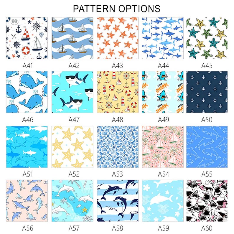 May include: A collection of fabric pattern options featuring nautical and marine themes. Designs include sailboats, anchors, whales, sharks, starfish, and dolphins in various color schemes. The text "PATTERN OPTIONS" is at the top.