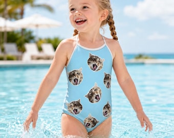 Traje de baño infantil personalizado de una pieza, traje de baño con cara personalizada, traje de baño de playa para niñas, regalo de cumpleaños y verano.