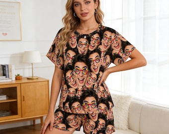 Conjunto de pijama con cara personalizada, pijama de manga corta con foto personalizada, pijama divertido con caras, ropa de estar por casa suave, pijama para fiestas, regalo para ella.