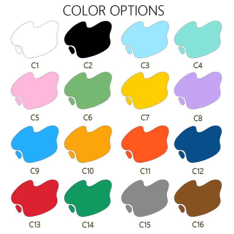 K&ouml;nnte beinhalten: Eine Farbkarte mit der &Uuml;berschrift COLOR OPTIONS, die sechzehn unregelm&auml;&szlig;ige Klecksformen zeigt, die von C1 bis C16 beschriftet sind. Die Farben umfassen Wei&szlig;, Schwarz, Hellblau, T&uuml;rkis, Rosa, Hellgr&uuml;n, Gelb, Lavendel, Blau, Orange, Rot, Dunkelblau und Braun.
