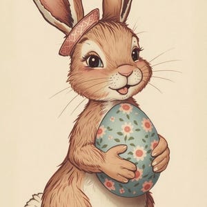 May include: An illustration of a brown Easter bunny holding a decorated egg. The bunny wears a pink hat and has a light blue egg with pink floral patterns. The background is a soft beige.