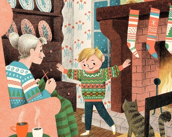 Winter Fireplace warmth, with the Knitting Grandma, the Gray Striped Cat and the Cozy Sweater Gift Illustration- Art Print