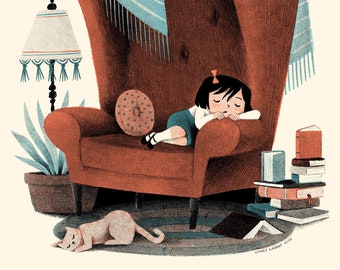 Cozy Reading Nook, with a Sleepy Girl in a Wingback Chair