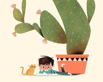 Boy Reading with Orange Tabby Cat, Under His Magical Potted Succulent on a Cozy Afternoon.