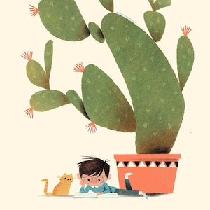 Boy Reading with Orange Tabby Cat, Under His Magical Potted Succulent on a Cozy Afternoon.