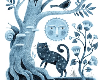 Illustrazione di arte popolare con gatto maculato blu e sole - Stampa artistica