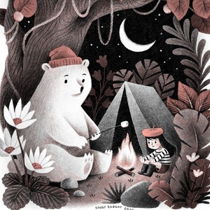 Girl and bear magical camping adventure - Art Print