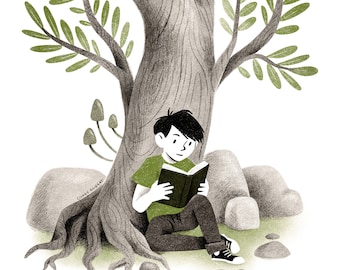 The Boy and his Cozy Reading Tree Illustration