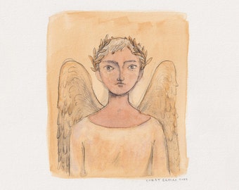 Original mixed media artwork on paper 11x14 angel boy with laurels