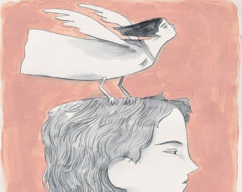 Original mixed media artwork on paper 11x14 angel bird perching on boy