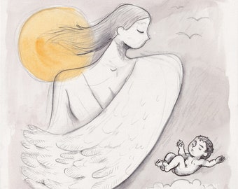 Original surreal mixed media artwork on paper 11x14 winged mother and baby